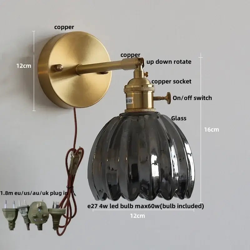 Vintage brass and ribbed amber glass wall light bedroom pull chain