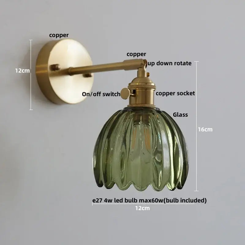 Vintage brass and ribbed amber glass wall light bedroom pull chain