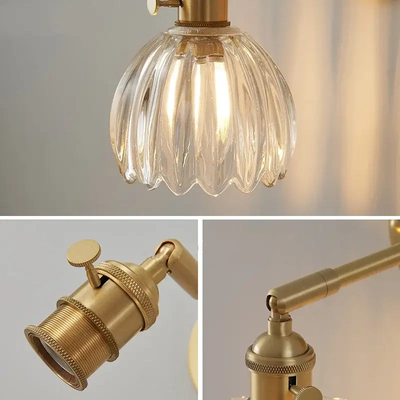 Vintage brass and ribbed amber glass wall light bedroom pull chain