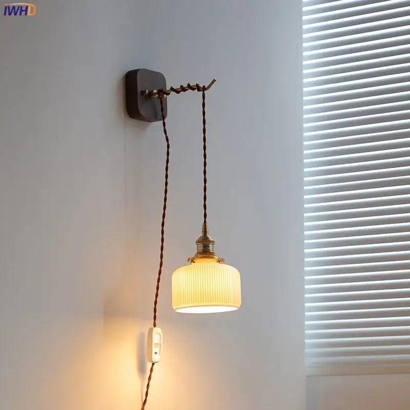 Vintage brass and ribbed glass led wall sconce bedroom light