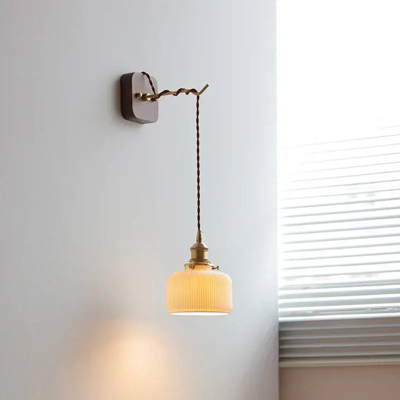 Vintage brass and ribbed glass led wall sconce bedroom light