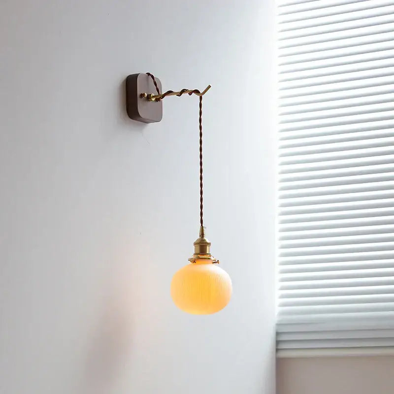 Vintage brass and ribbed glass led wall sconce bedroom light