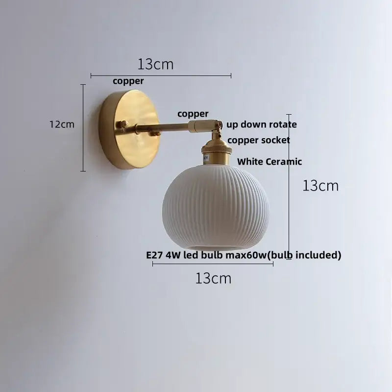 Vintage brass and ruffled glass ceramic led wall light bathroom mirror