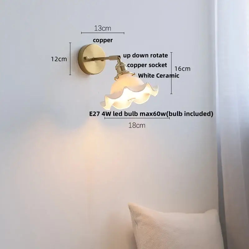 Vintage brass and ruffled glass ceramic led wall light bathroom mirror