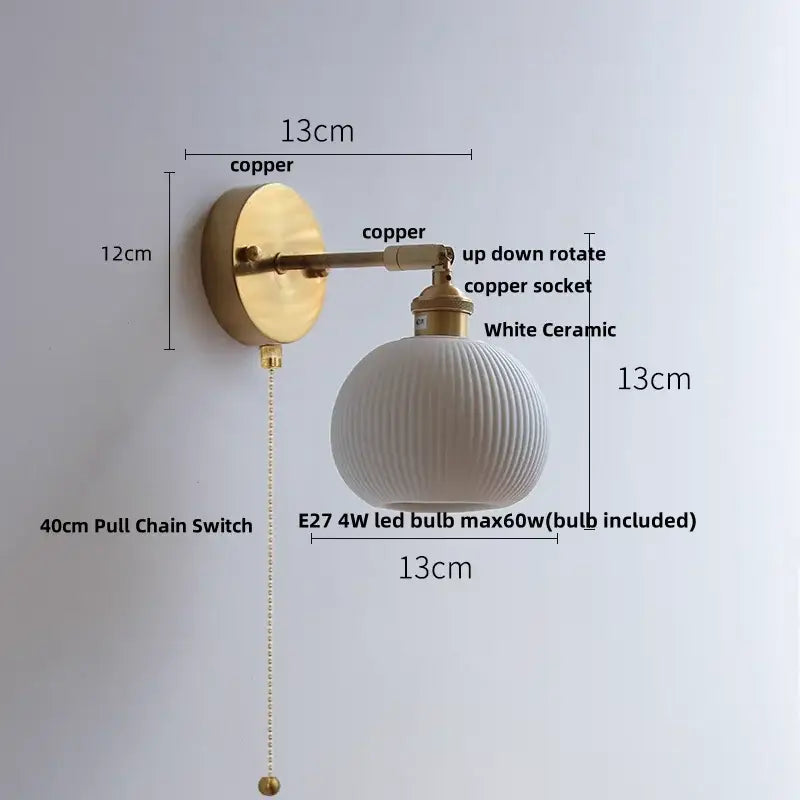 Vintage brass and ruffled glass ceramic led wall light bathroom mirror