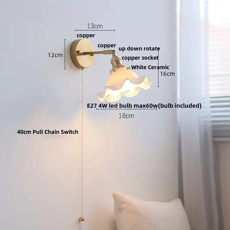 Vintage brass and ruffled glass ceramic led wall light bathroom mirror