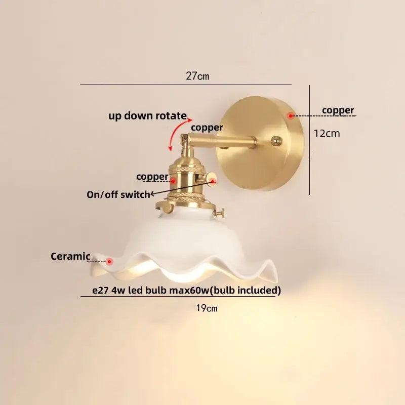 Vintage brass and scalloped glass wall sconce bedroom light