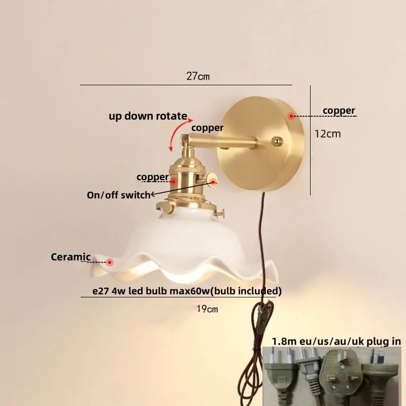 Vintage brass and scalloped glass wall sconce bedroom light