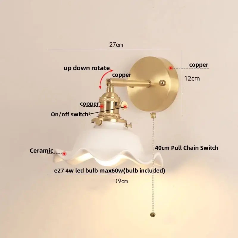 Vintage brass and scalloped glass wall sconce bedroom light