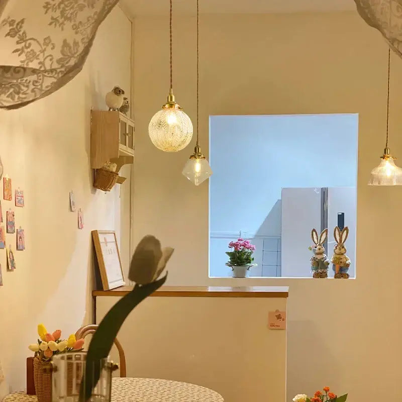 Vintage brass and textured glass led pendant lamp dining room