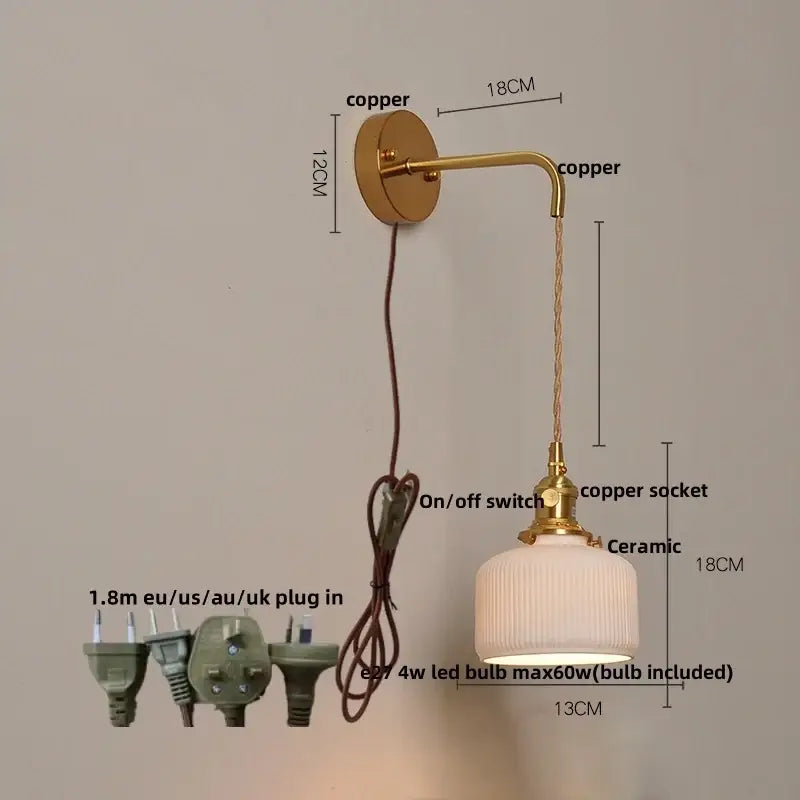 Vintage brass ceramic knob wall lights bedroom ribbed glass sconce