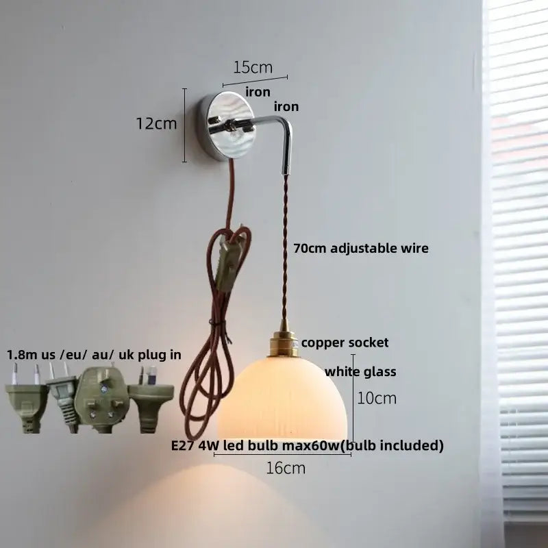 Vintage brass ceramic led wall lamp bedroom ribbed glass sconce