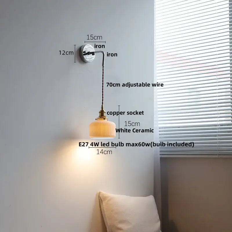 Vintage brass ceramic led wall lamp bedroom ribbed glass sconce