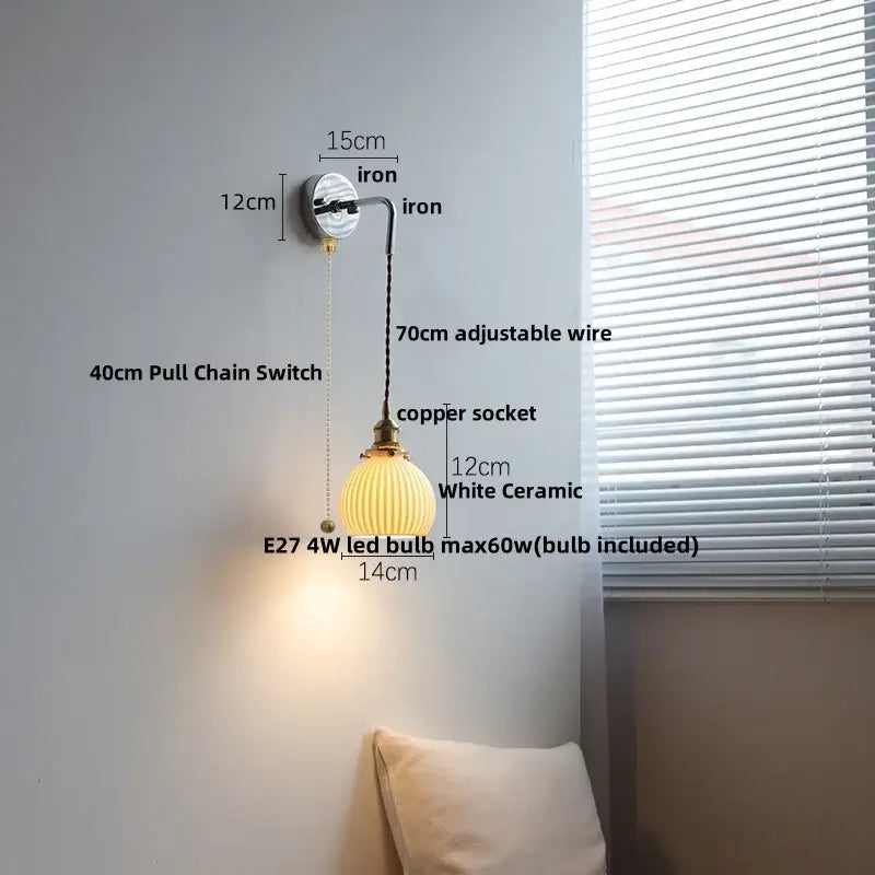 Vintage brass ceramic led wall lamp bedroom ribbed glass sconce
