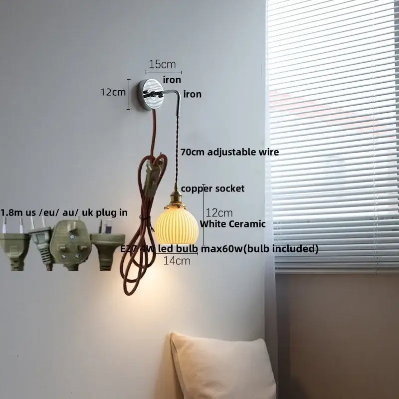 Vintage brass ceramic led wall lamp bedroom ribbed glass sconce
