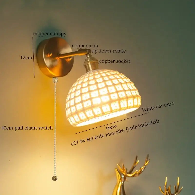 Vintage brass ceramic led wall lamp bedroom with pull chain switch