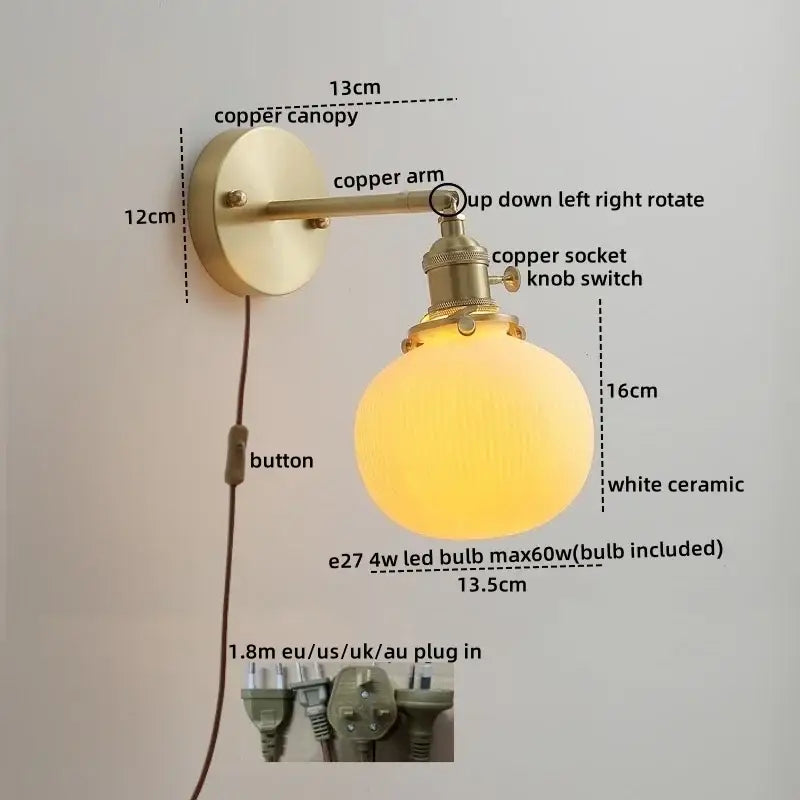 Vintage brass ceramic led wall light with ribbed glass bedroom sconce