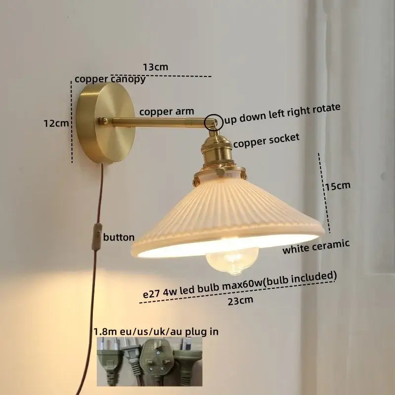 Vintage brass ceramic led wall light with ribbed glass bedroom sconce