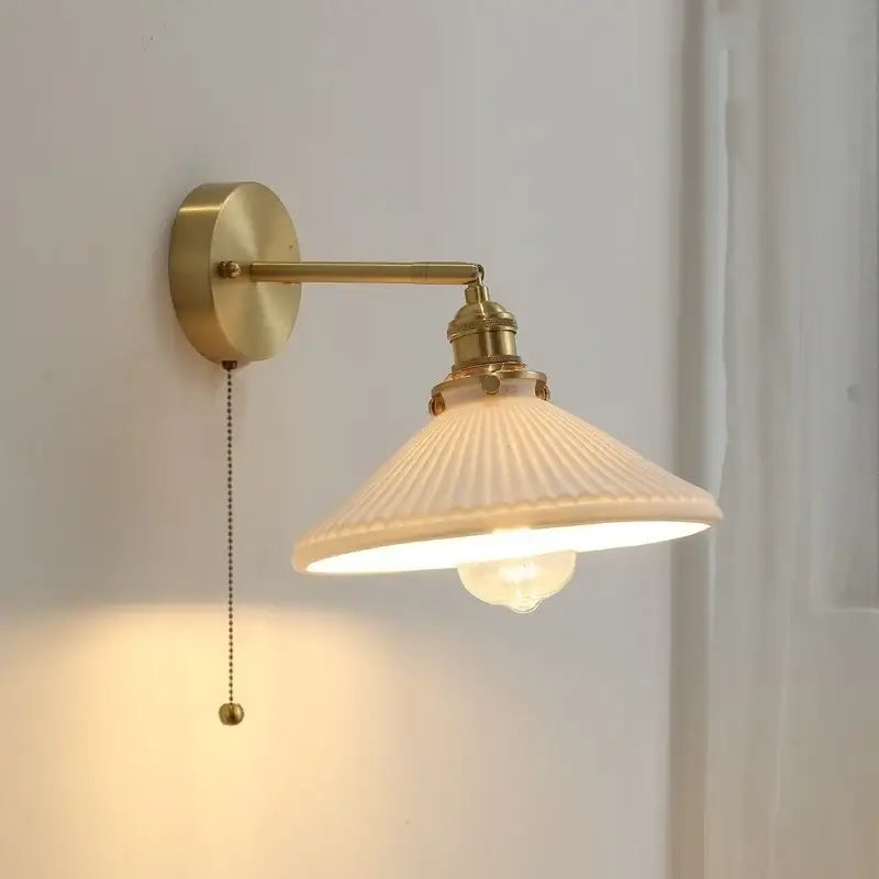 Vintage brass ceramic led wall light with ribbed glass bedroom sconce