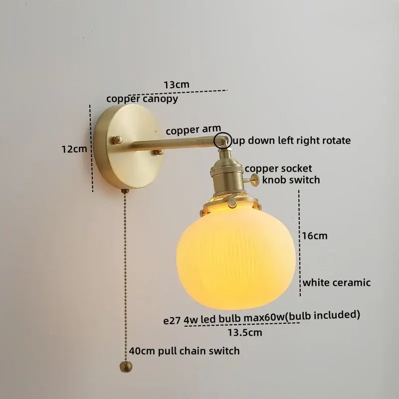 Vintage brass ceramic led wall light with ribbed glass bedroom sconce