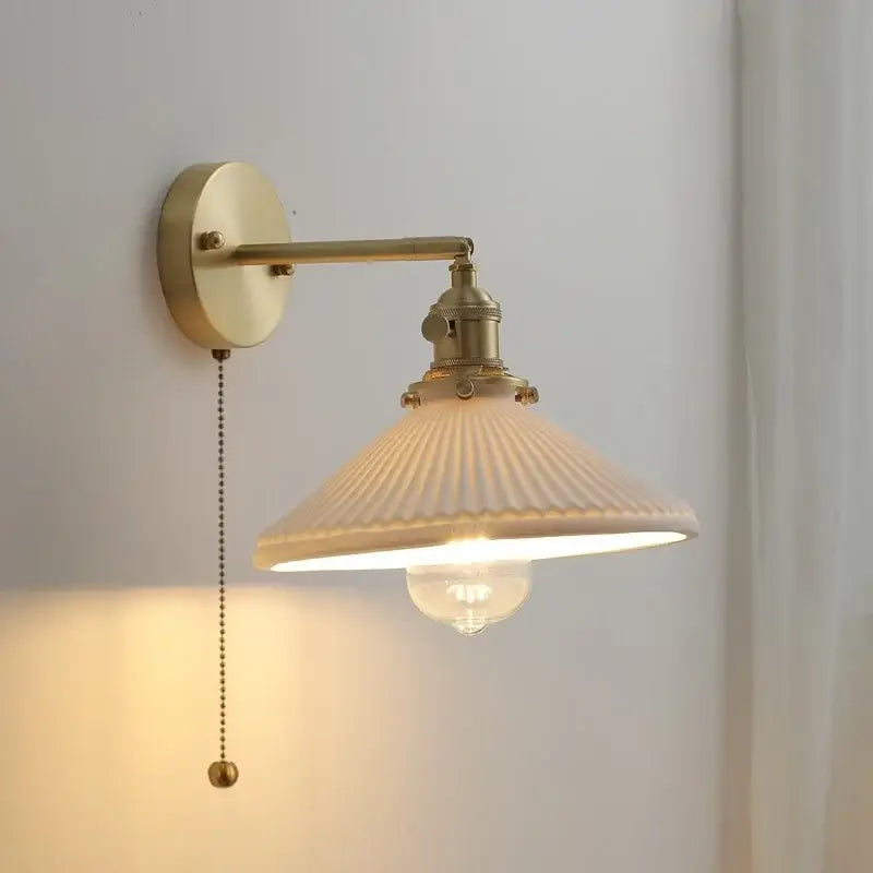 Vintage brass ceramic led wall light with ribbed glass bedroom sconce
