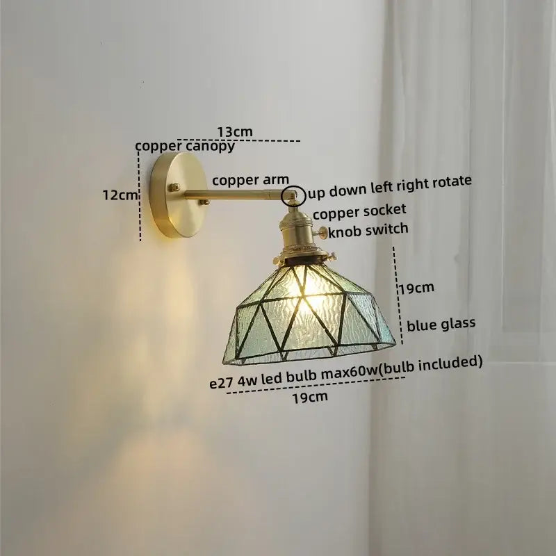 Vintage brass ceramic led wall light with ribbed glass bedroom sconce