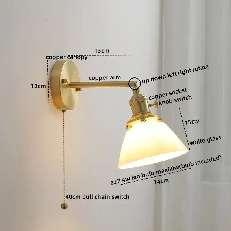 Vintage brass ceramic led wall light with ribbed glass bedroom sconce