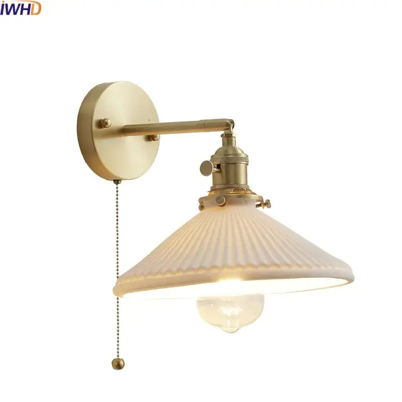 Vintage brass ceramic led wall light with ribbed glass bedroom sconce