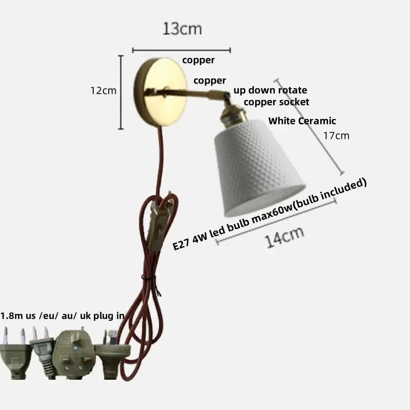 Vintage brass ceramic led wall lights bedroom ruffled glass shade
