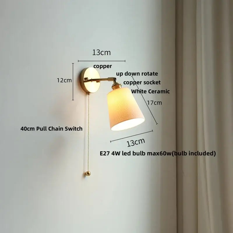 Vintage brass ceramic led wall lights bedroom ruffled glass shade