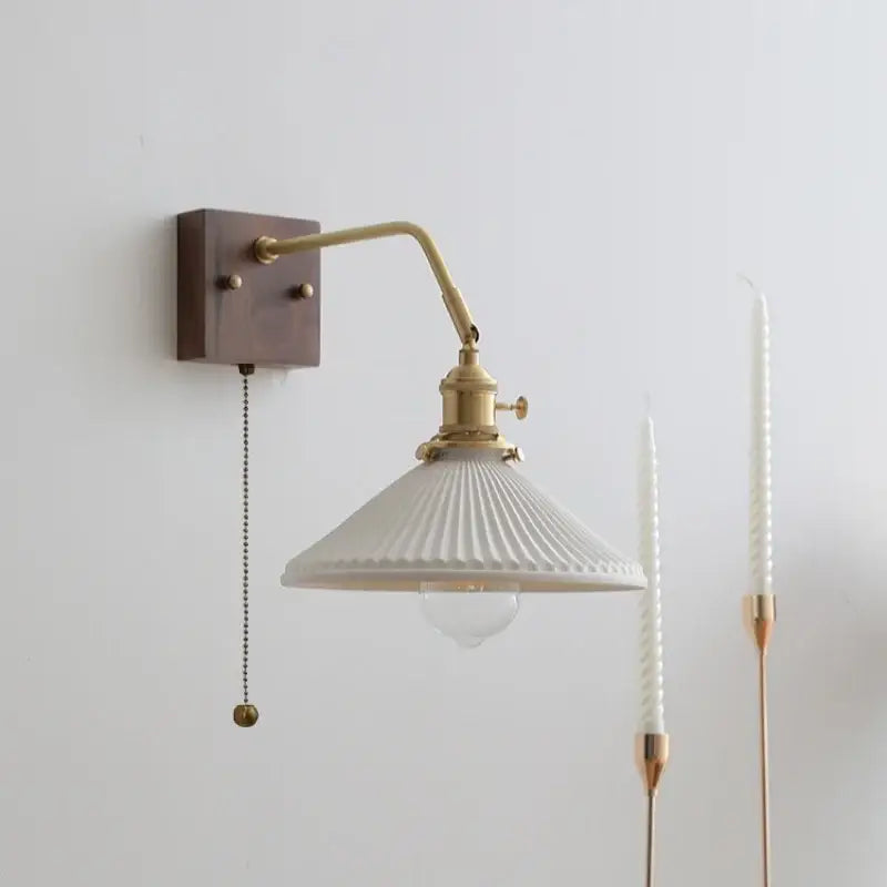 Vintage brass ceramic led wall sconce bedroom scalloped glass light