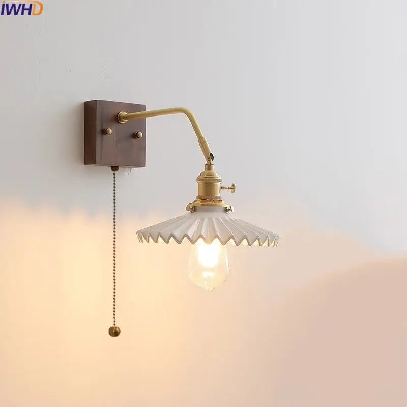 Vintage brass ceramic led wall sconce bedroom scalloped glass light