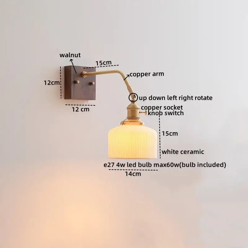Vintage brass ceramic led wall sconce bedroom scalloped glass light