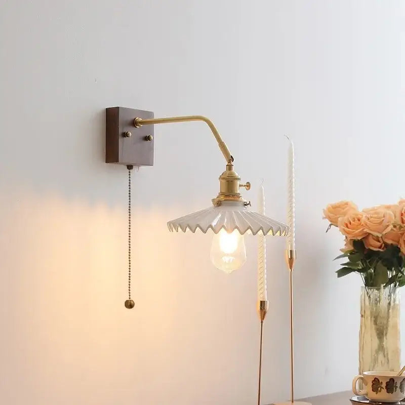 Vintage brass ceramic led wall sconce bedroom scalloped glass light