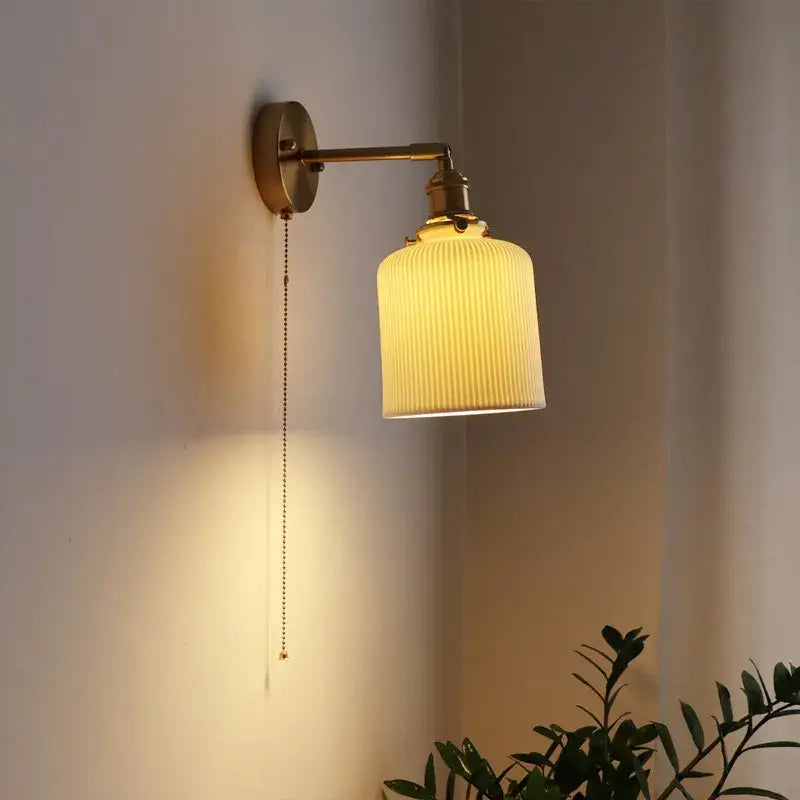 Vintage brass ceramic led wall sconce with ribbed glass for bedroom