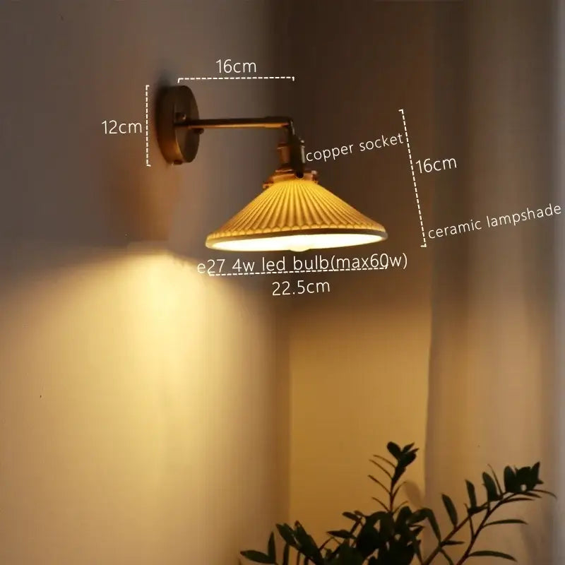 Vintage brass ceramic led wall sconce with ribbed glass for bedroom
