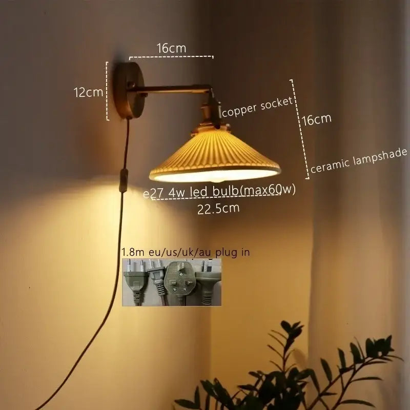 Vintage brass ceramic led wall sconce with ribbed glass for bedroom