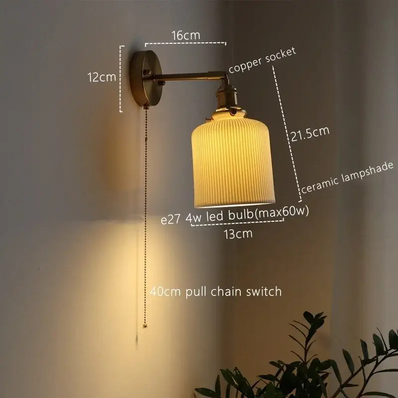 Vintage brass ceramic led wall sconce with ribbed glass for bedroom