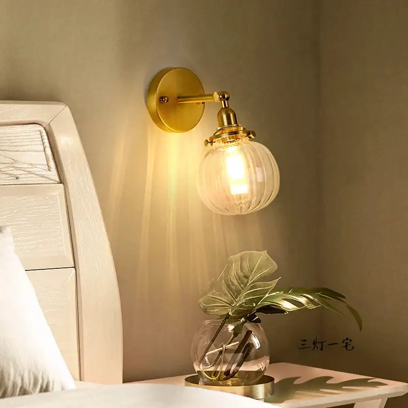Vintage brass chevron clear glass led wall lamp bedroom sconce
