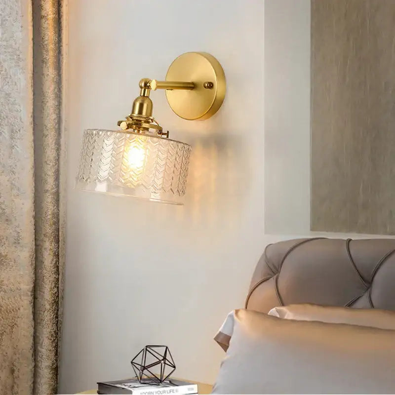 Vintage brass chevron clear glass led wall lamp bedroom sconce
