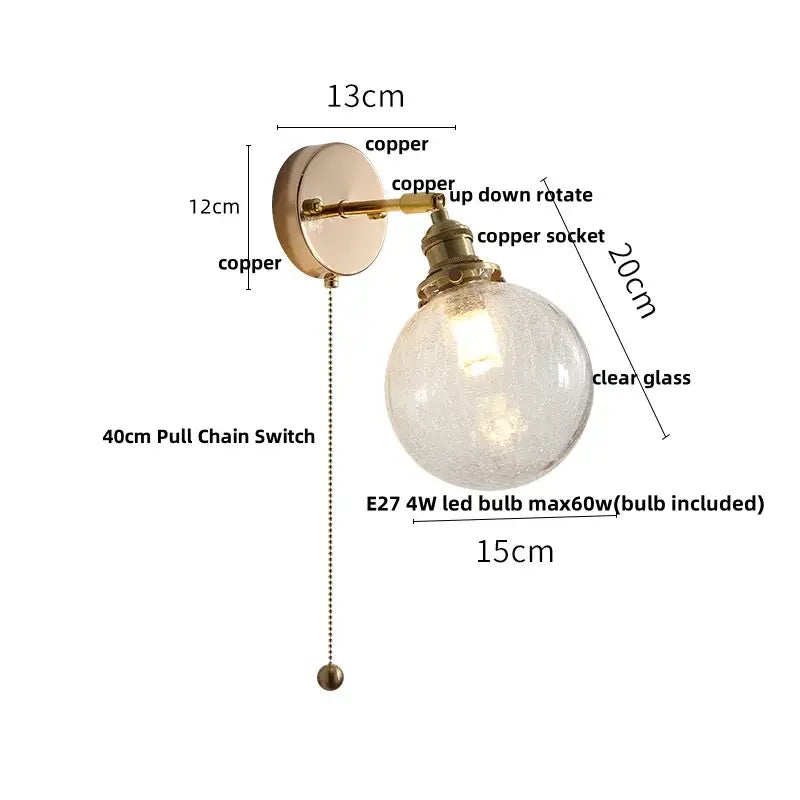 Vintage brass clear glass wall lamp with pull chain switch bathroom