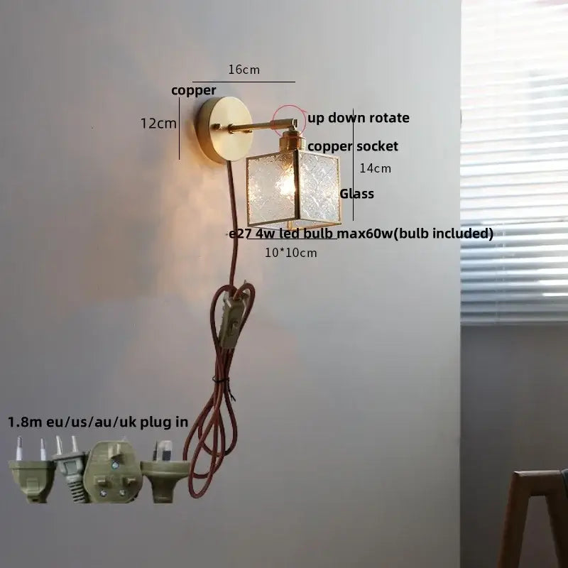 Vintage brass clear glass wall lamp with pull chain switch bathroom