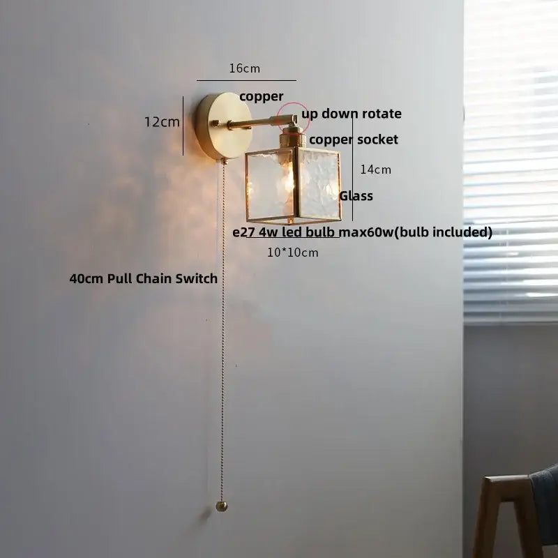 Vintage brass clear glass wall lamp with pull chain switch bathroom