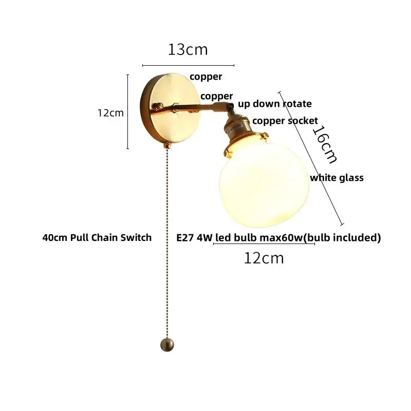 Vintage brass clear glass wall lamp with pull chain switch bathroom