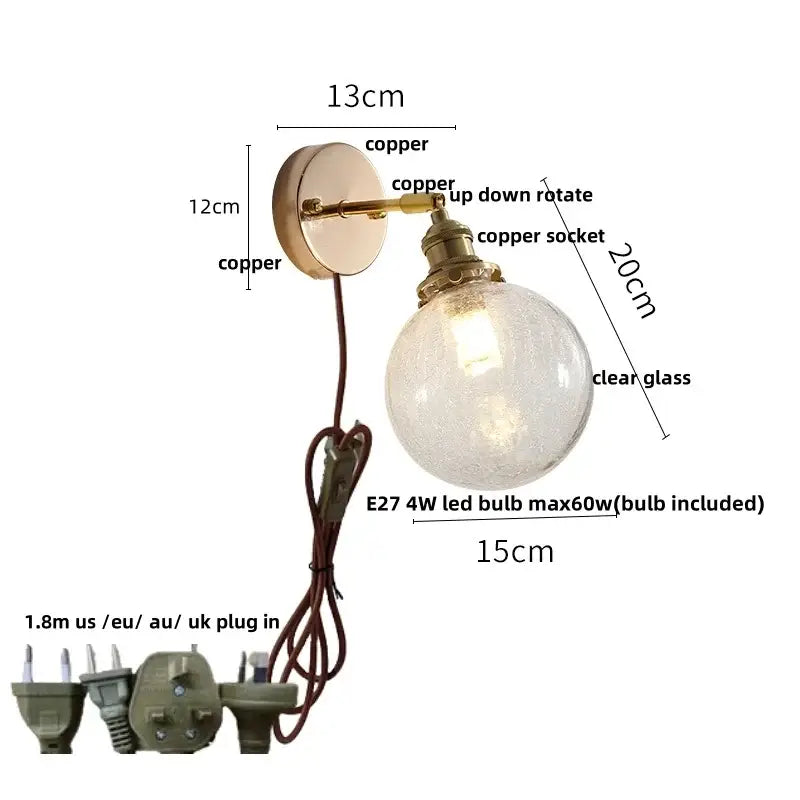 Vintage brass clear glass wall lamp with pull chain switch bathroom