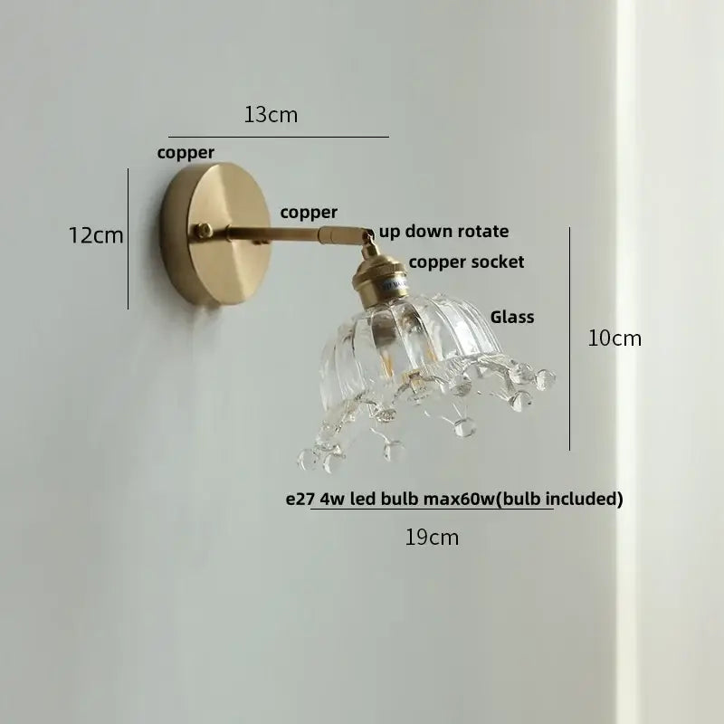 Vintage brass clear glass wall lamp with pull chain switch bathroom