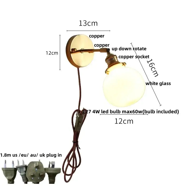 Vintage brass clear glass wall lamp with pull chain switch bathroom