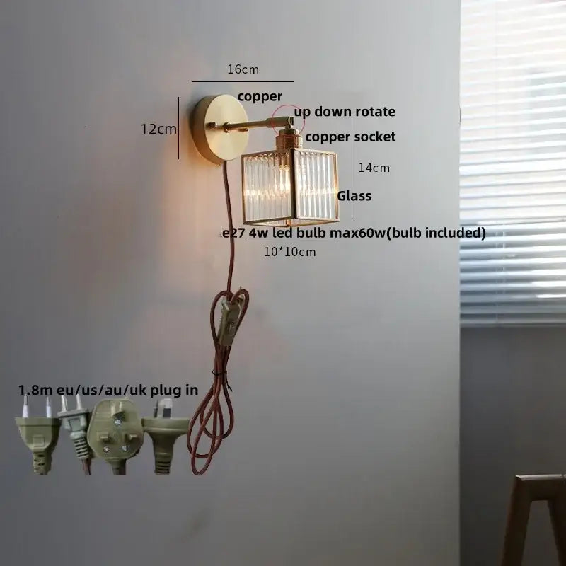 Vintage brass clear glass wall lamp with pull chain switch bathroom