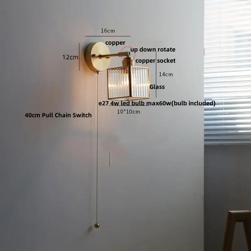 Vintage brass clear glass wall lamp with pull chain switch bathroom