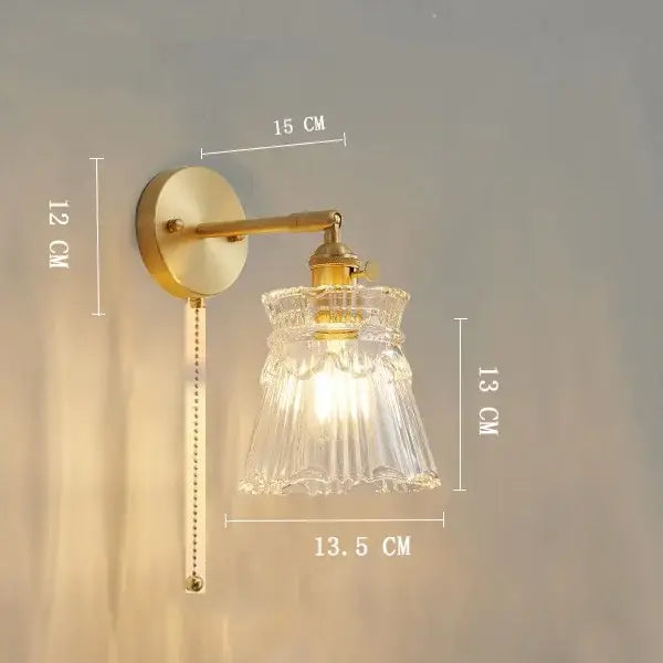 Vintage brass clear glass wall light bedroom ribbed sconce